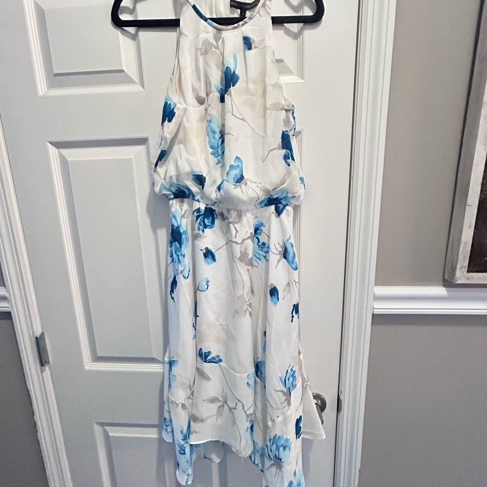 White Floral High-Neck Midi Dress with Blue Blossoms